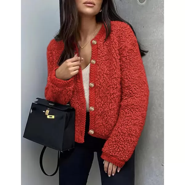 PRETTYGARDEN Womens Faux Fur Shearling Coat Fuzzy Fleece Button Up Trendy Fall Winter Cropped Jackets OuterwearRed