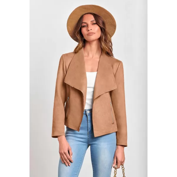 PRETTYGARDEN Womens Faux Suede Jackets 2024 Fall Clothes Long Sleeve Open Front Cropped Coat OutwearCamel