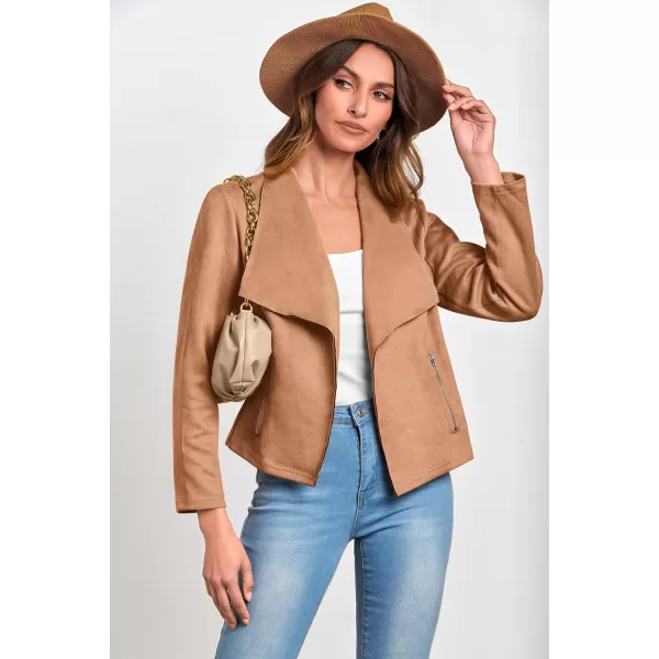 PRETTYGARDEN Womens Faux Suede Jackets 2024 Fall Clothes Long Sleeve Open Front Cropped Coat OutwearCamel