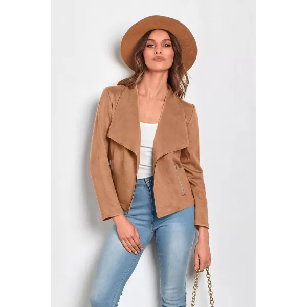 PRETTYGARDEN Womens Faux Suede Jackets 2024 Fall Clothes Long Sleeve Open Front Cropped Coat OutwearCamel