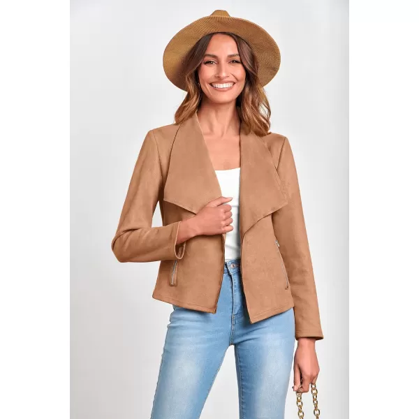 PRETTYGARDEN Womens Faux Suede Jackets 2024 Fall Clothes Long Sleeve Open Front Cropped Coat OutwearCamel