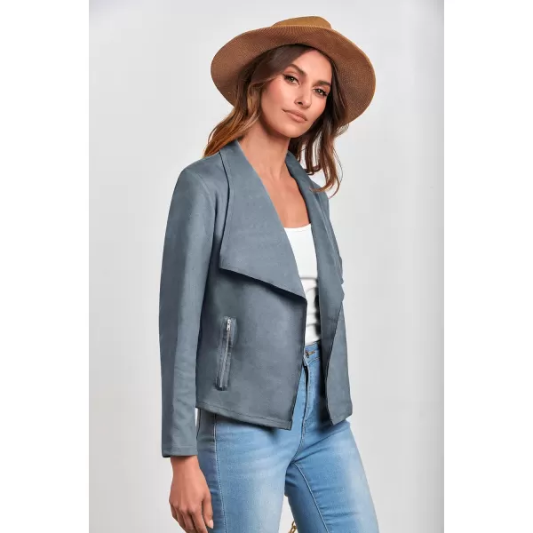 PRETTYGARDEN Womens Faux Suede Jackets 2024 Fall Clothes Long Sleeve Open Front Cropped Coat OutwearGrey Blue