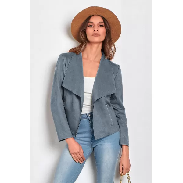 PRETTYGARDEN Womens Faux Suede Jackets 2024 Fall Clothes Long Sleeve Open Front Cropped Coat OutwearGrey Blue