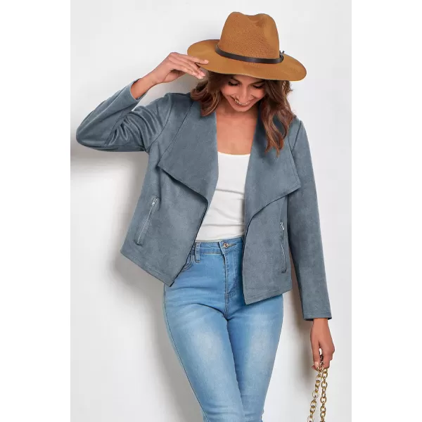 PRETTYGARDEN Womens Faux Suede Jackets 2024 Fall Clothes Long Sleeve Open Front Cropped Coat OutwearGrey Blue