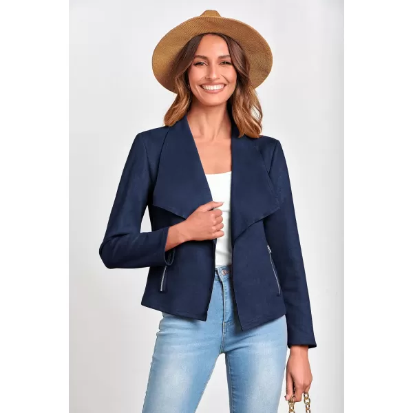 PRETTYGARDEN Womens Faux Suede Jackets 2024 Fall Clothes Long Sleeve Open Front Cropped Coat OutwearNavy