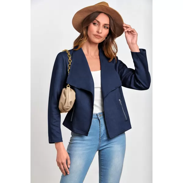 PRETTYGARDEN Womens Faux Suede Jackets 2024 Fall Clothes Long Sleeve Open Front Cropped Coat OutwearNavy