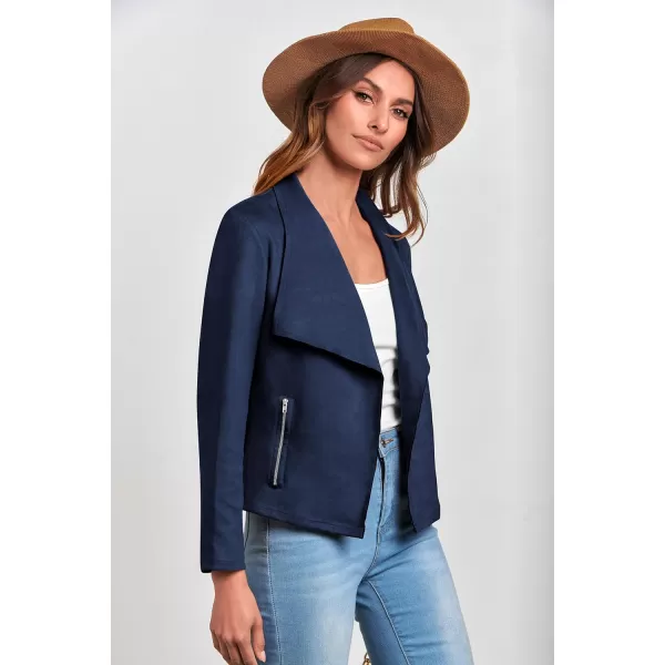 PRETTYGARDEN Womens Faux Suede Jackets 2024 Fall Clothes Long Sleeve Open Front Cropped Coat OutwearNavy