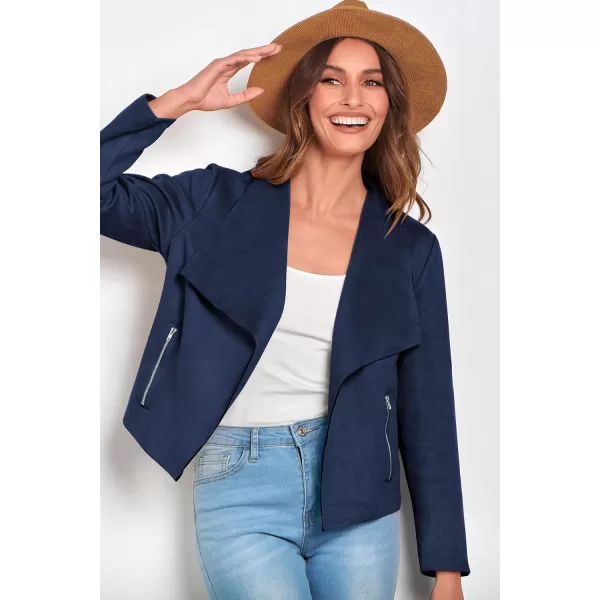 PRETTYGARDEN Womens Faux Suede Jackets 2024 Fall Clothes Long Sleeve Open Front Cropped Coat OutwearNavy