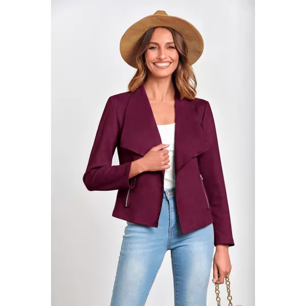 PRETTYGARDEN Womens Faux Suede Jackets 2024 Fall Clothes Long Sleeve Open Front Cropped Coat OutwearPurple Red