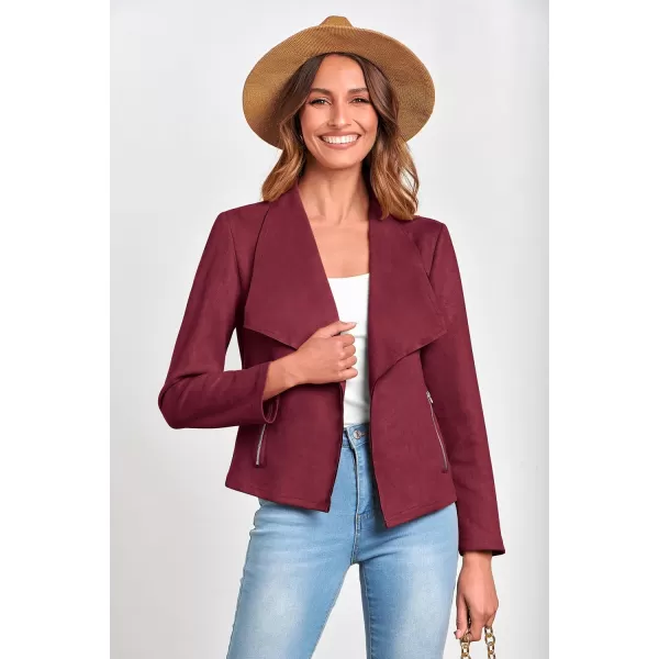 PRETTYGARDEN Womens Faux Suede Jackets 2024 Fall Clothes Long Sleeve Open Front Cropped Coat OutwearWine Red
