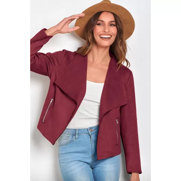 PRETTYGARDEN Womens Faux Suede Jackets 2024 Fall Clothes Long Sleeve Open Front Cropped Coat OutwearWine Red