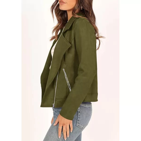 PRETTYGARDEN Womens Winter Moto Jacket Faux Suede Long Sleeve Zip Up Pockets Short Coat Y2K Fall Fashion Dressy OuterwearArmy Green