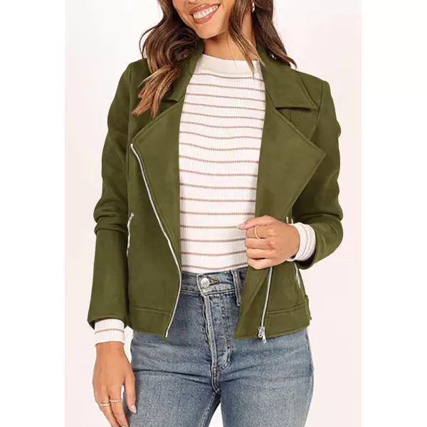 PRETTYGARDEN Womens Winter Moto Jacket Faux Suede Long Sleeve Zip Up Pockets Short Coat Y2K Fall Fashion Dressy OuterwearArmy Green