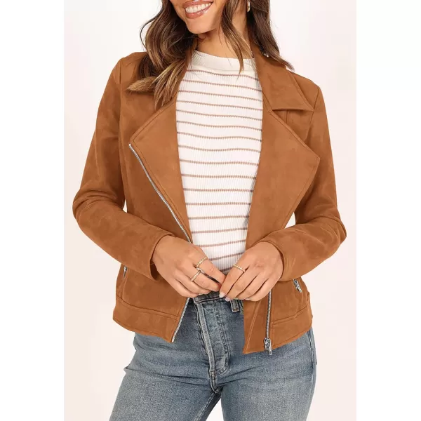 PRETTYGARDEN Womens Winter Moto Jacket Faux Suede Long Sleeve Zip Up Pockets Short Coat Y2K Fall Fashion Dressy OuterwearBrown