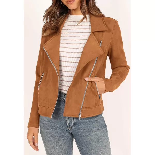 PRETTYGARDEN Womens Winter Moto Jacket Faux Suede Long Sleeve Zip Up Pockets Short Coat Y2K Fall Fashion Dressy OuterwearBrown