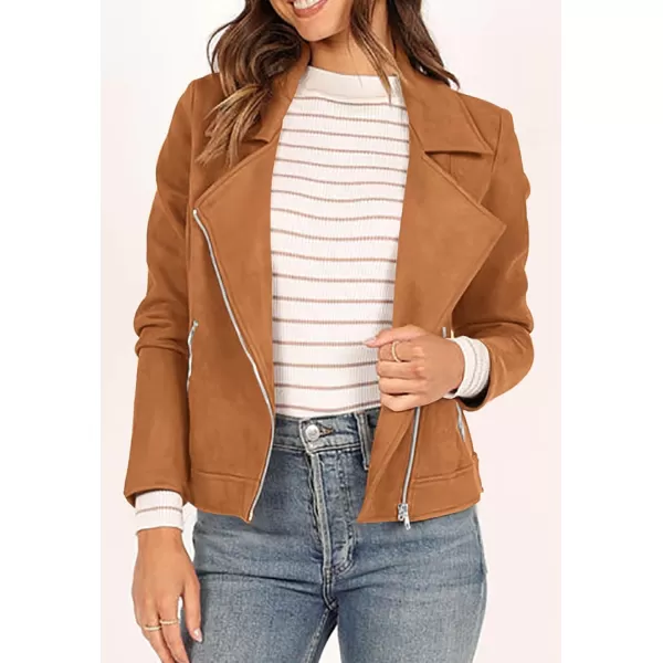 PRETTYGARDEN Womens Winter Moto Jacket Faux Suede Long Sleeve Zip Up Pockets Short Coat Y2K Fall Fashion Dressy OuterwearBrown