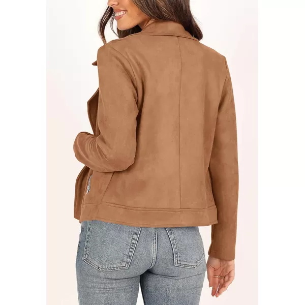 PRETTYGARDEN Womens Winter Moto Jacket Faux Suede Long Sleeve Zip Up Pockets Short Coat Y2K Fall Fashion Dressy OuterwearCamel