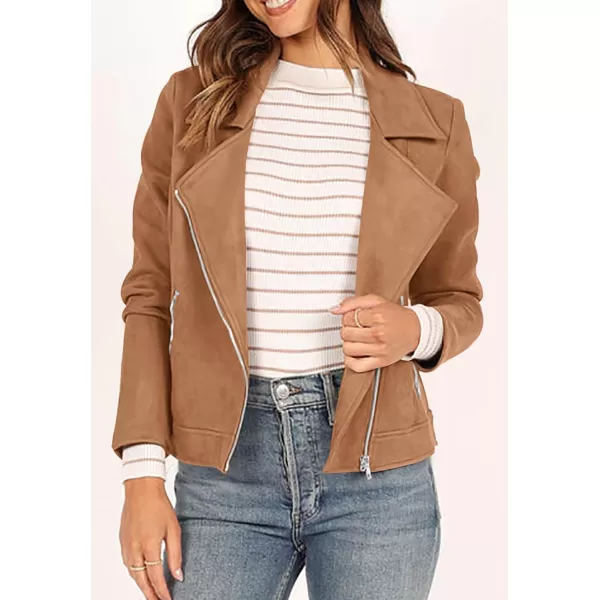 PRETTYGARDEN Womens Winter Moto Jacket Faux Suede Long Sleeve Zip Up Pockets Short Coat Y2K Fall Fashion Dressy OuterwearCamel