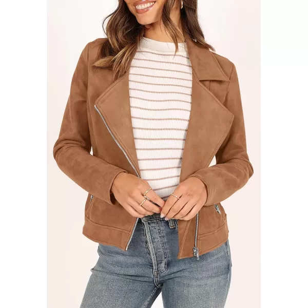 PRETTYGARDEN Womens Winter Moto Jacket Faux Suede Long Sleeve Zip Up Pockets Short Coat Y2K Fall Fashion Dressy OuterwearCamel