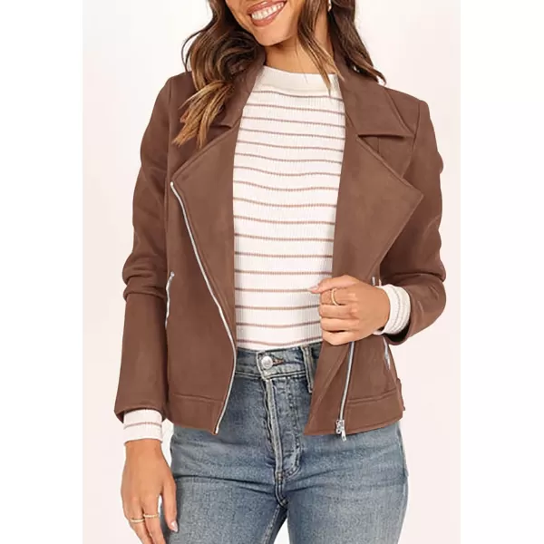 PRETTYGARDEN Womens Winter Moto Jacket Faux Suede Long Sleeve Zip Up Pockets Short Coat Y2K Fall Fashion Dressy OuterwearCoffee