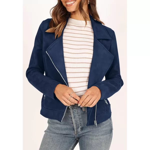 PRETTYGARDEN Womens Winter Moto Jacket Faux Suede Long Sleeve Zip Up Pockets Short Coat Y2K Fall Fashion Dressy OuterwearNavy