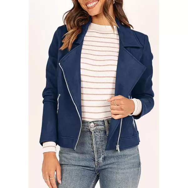 PRETTYGARDEN Womens Winter Moto Jacket Faux Suede Long Sleeve Zip Up Pockets Short Coat Y2K Fall Fashion Dressy OuterwearNavy