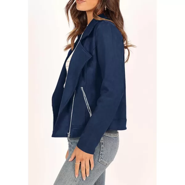 PRETTYGARDEN Womens Winter Moto Jacket Faux Suede Long Sleeve Zip Up Pockets Short Coat Y2K Fall Fashion Dressy OuterwearNavy