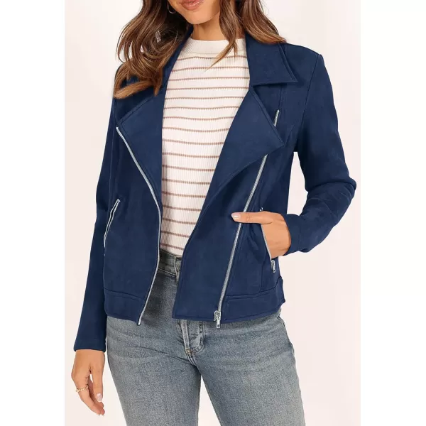 PRETTYGARDEN Womens Winter Moto Jacket Faux Suede Long Sleeve Zip Up Pockets Short Coat Y2K Fall Fashion Dressy OuterwearNavy