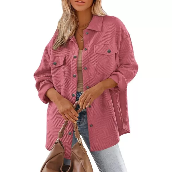 PRETTYGARDEN Womens 2024 Button Down Shacket Jackets Fall Clothes Collared Long Sleeve Textured Loose Casual Fashion ShirtsBean Paste Red