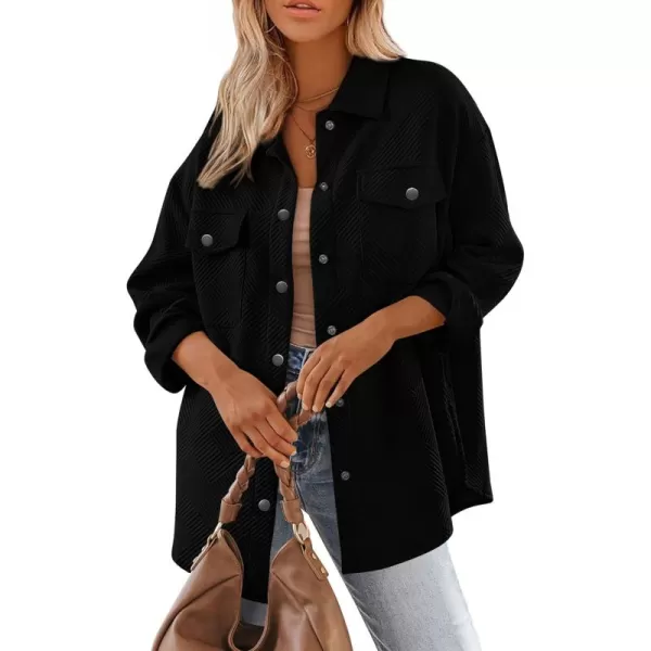 PRETTYGARDEN Womens 2024 Button Down Shacket Jackets Fall Clothes Collared Long Sleeve Textured Loose Casual Fashion ShirtsBlack