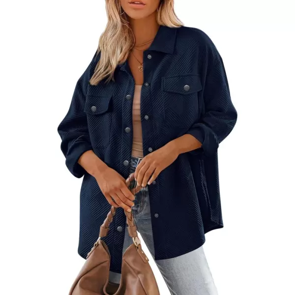 PRETTYGARDEN Womens 2024 Button Down Shacket Jackets Fall Clothes Collared Long Sleeve Textured Loose Casual Fashion ShirtsDark Blue