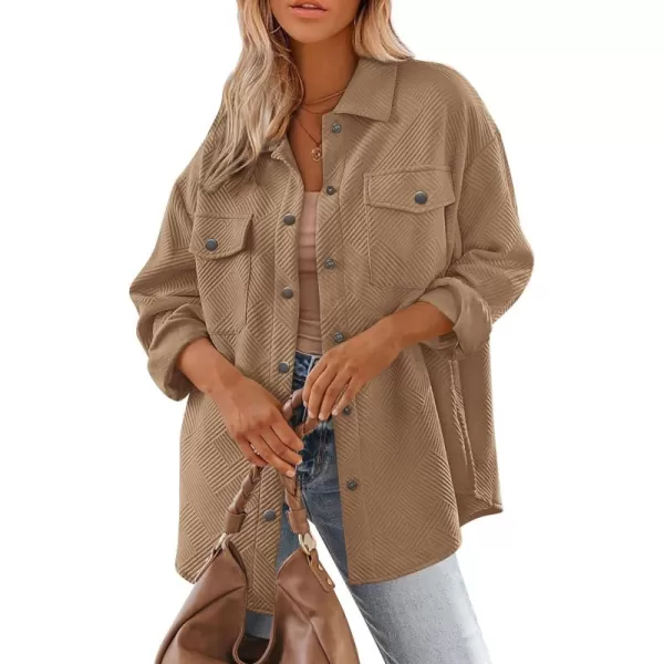 PRETTYGARDEN Womens 2024 Button Down Shacket Jackets Fall Clothes Collared Long Sleeve Textured Loose Casual Fashion ShirtsKhaki