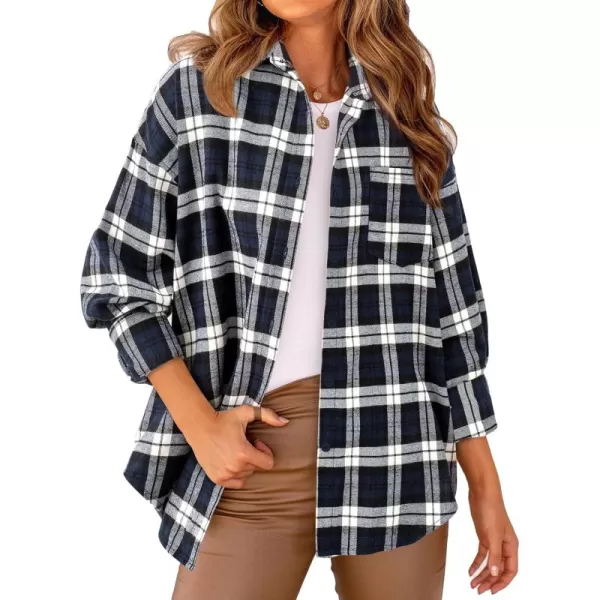 PRETTYGARDEN Womens Fall Button Down Plaid Shirts Collared Long Sleeve Loose Fit Cotton Casual Going Out Tops BlousesPlaid Navy