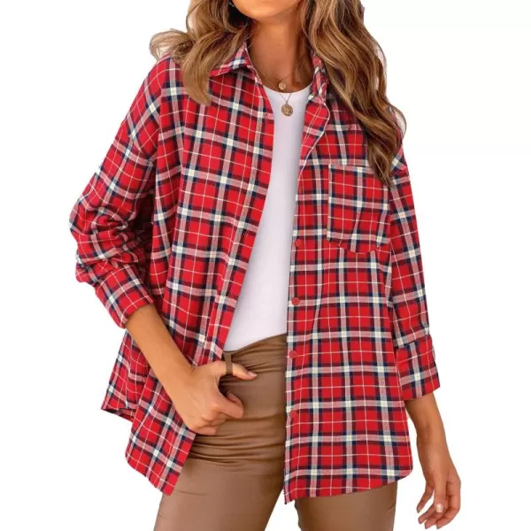PRETTYGARDEN Womens Fall Button Down Plaid Shirts Collared Long Sleeve Loose Fit Cotton Casual Going Out Tops BlousesPlaid Red