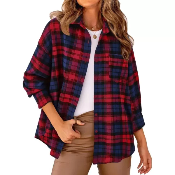 PRETTYGARDEN Womens Fall Button Down Plaid Shirts Collared Long Sleeve Loose Fit Cotton Casual Going Out Tops BlousesPlaid Wine Red