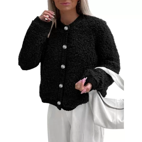 PRETTYGARDEN Womens Faux Fur Shearling Coat Fuzzy Fleece Button Up Trendy Fall Winter Cropped Jackets OuterwearBlack