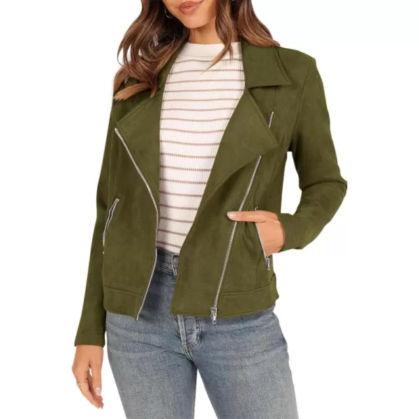 PRETTYGARDEN Womens Winter Moto Jacket Faux Suede Long Sleeve Zip Up Pockets Short Coat Y2K Fall Fashion Dressy OuterwearArmy Green
