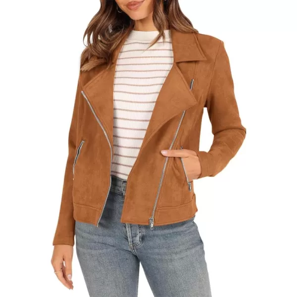 PRETTYGARDEN Womens Winter Moto Jacket Faux Suede Long Sleeve Zip Up Pockets Short Coat Y2K Fall Fashion Dressy OuterwearBrown