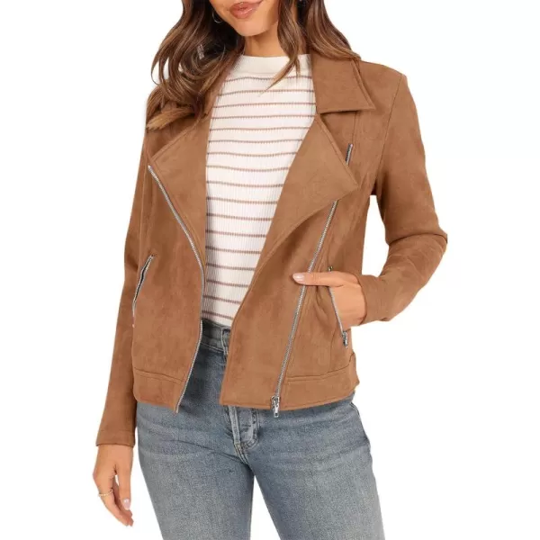 PRETTYGARDEN Womens Winter Moto Jacket Faux Suede Long Sleeve Zip Up Pockets Short Coat Y2K Fall Fashion Dressy OuterwearCamel
