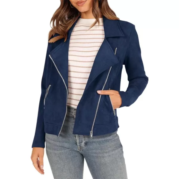 PRETTYGARDEN Womens Winter Moto Jacket Faux Suede Long Sleeve Zip Up Pockets Short Coat Y2K Fall Fashion Dressy OuterwearNavy
