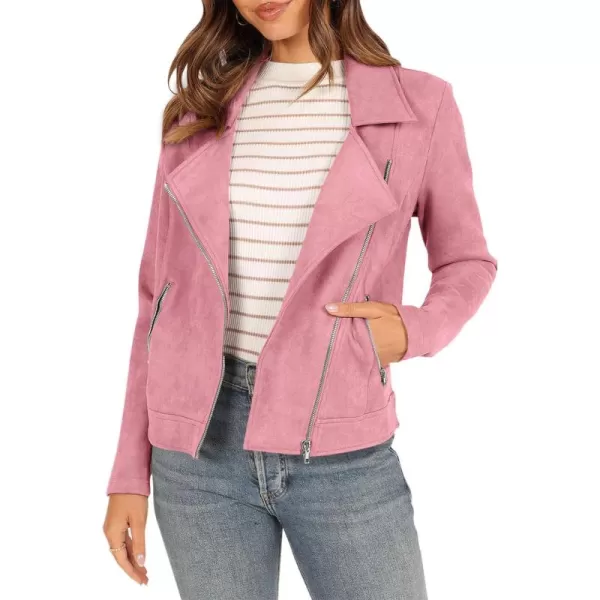 PRETTYGARDEN Womens Winter Moto Jacket Faux Suede Long Sleeve Zip Up Pockets Short Coat Y2K Fall Fashion Dressy OuterwearPink