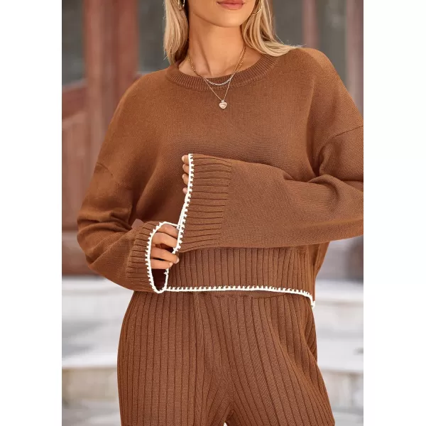 PRETTYGARDEN Womens 2 Piece Fall Outfits Long Sleeve Crop Top Wide Leg Pants Knit Pullover Sweater Lounge SetBrown
