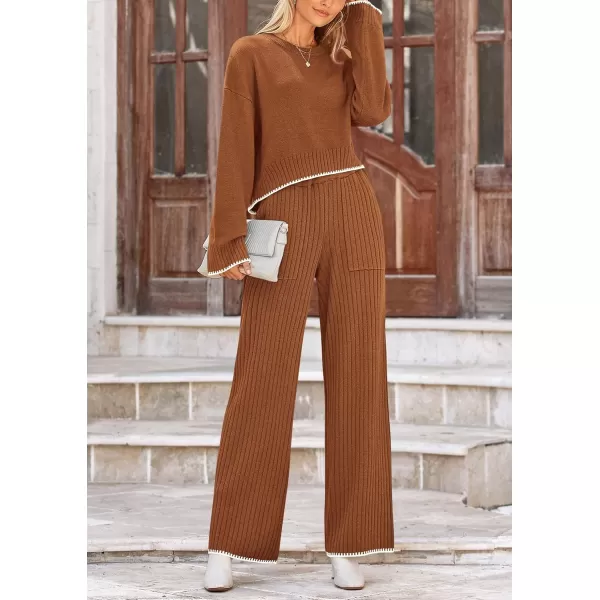PRETTYGARDEN Womens 2 Piece Fall Outfits Long Sleeve Crop Top Wide Leg Pants Knit Pullover Sweater Lounge SetBrown