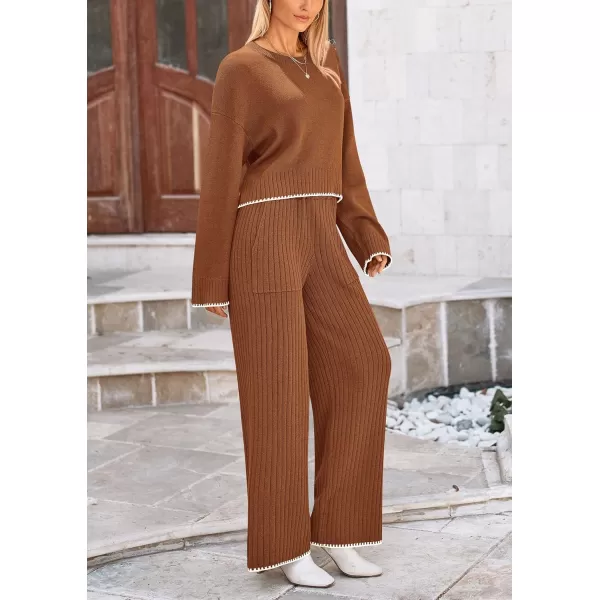 PRETTYGARDEN Womens 2 Piece Fall Outfits Long Sleeve Crop Top Wide Leg Pants Knit Pullover Sweater Lounge SetBrown