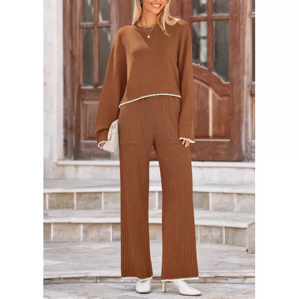 PRETTYGARDEN Womens 2 Piece Fall Outfits Long Sleeve Crop Top Wide Leg Pants Knit Pullover Sweater Lounge SetBrown