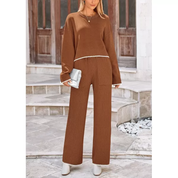 PRETTYGARDEN Womens 2 Piece Fall Outfits Long Sleeve Crop Top Wide Leg Pants Knit Pullover Sweater Lounge SetBrown