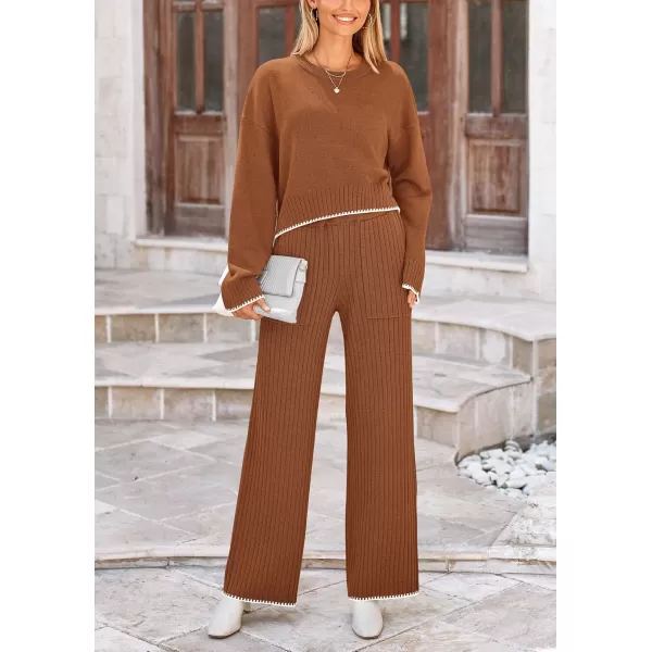 PRETTYGARDEN Womens 2 Piece Fall Outfits Long Sleeve Crop Top Wide Leg Pants Knit Pullover Sweater Lounge SetBrown