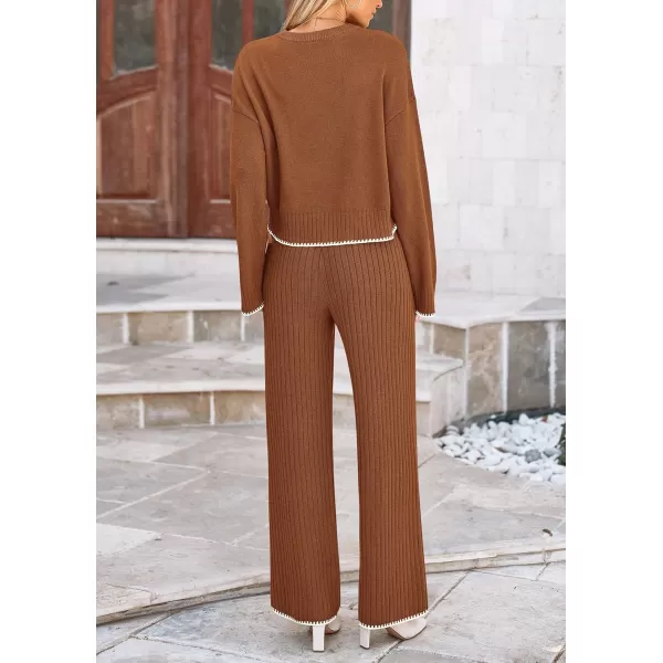 PRETTYGARDEN Womens 2 Piece Fall Outfits Long Sleeve Crop Top Wide Leg Pants Knit Pullover Sweater Lounge SetBrown