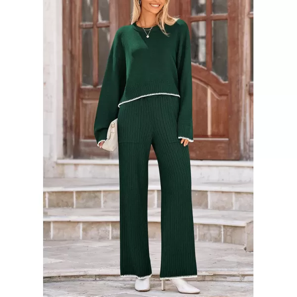 PRETTYGARDEN Womens 2 Piece Fall Outfits Long Sleeve Crop Top Wide Leg Pants Knit Pullover Sweater Lounge SetDark Green