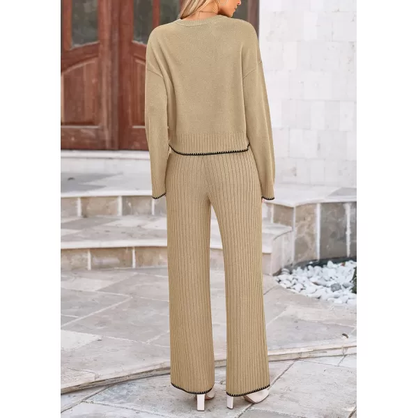 PRETTYGARDEN Womens 2 Piece Fall Outfits Long Sleeve Crop Top Wide Leg Pants Knit Pullover Sweater Lounge SetKhaki